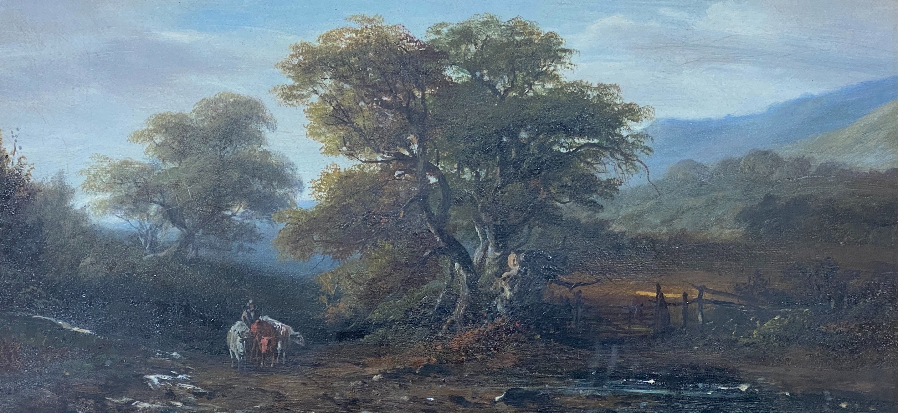 After John Westall (1823-1894), oil on canvas, rural view with cattle 19x39cm